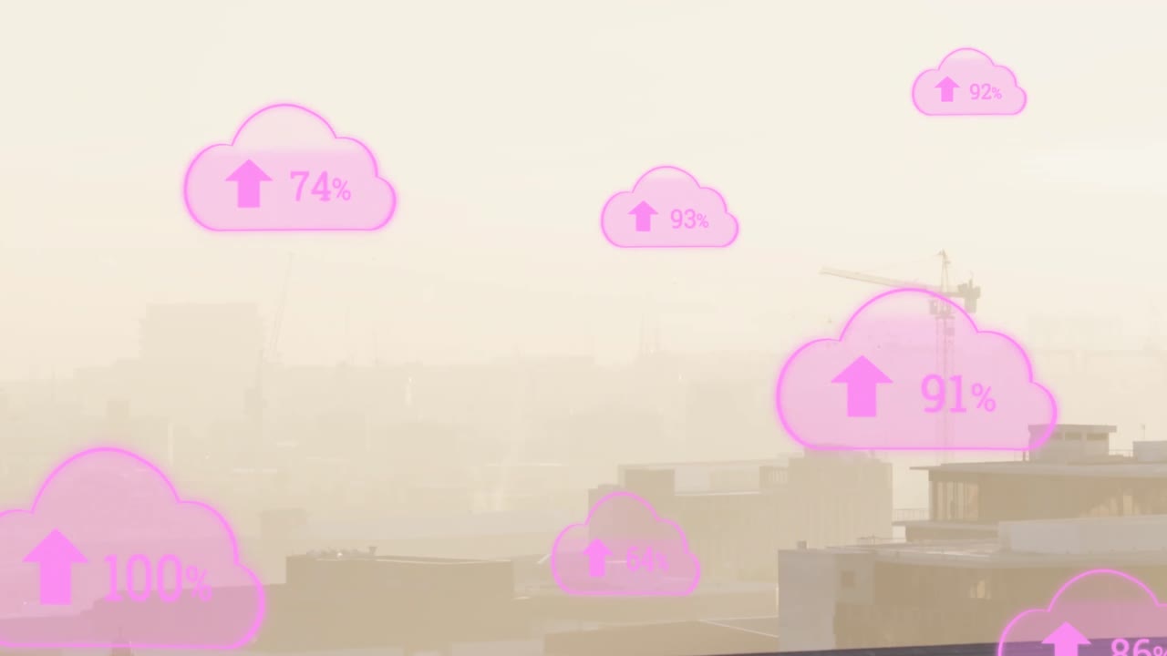 animación de iconos de nubes con un porcentaje creciente contra la vista aérea del paisaje urbano