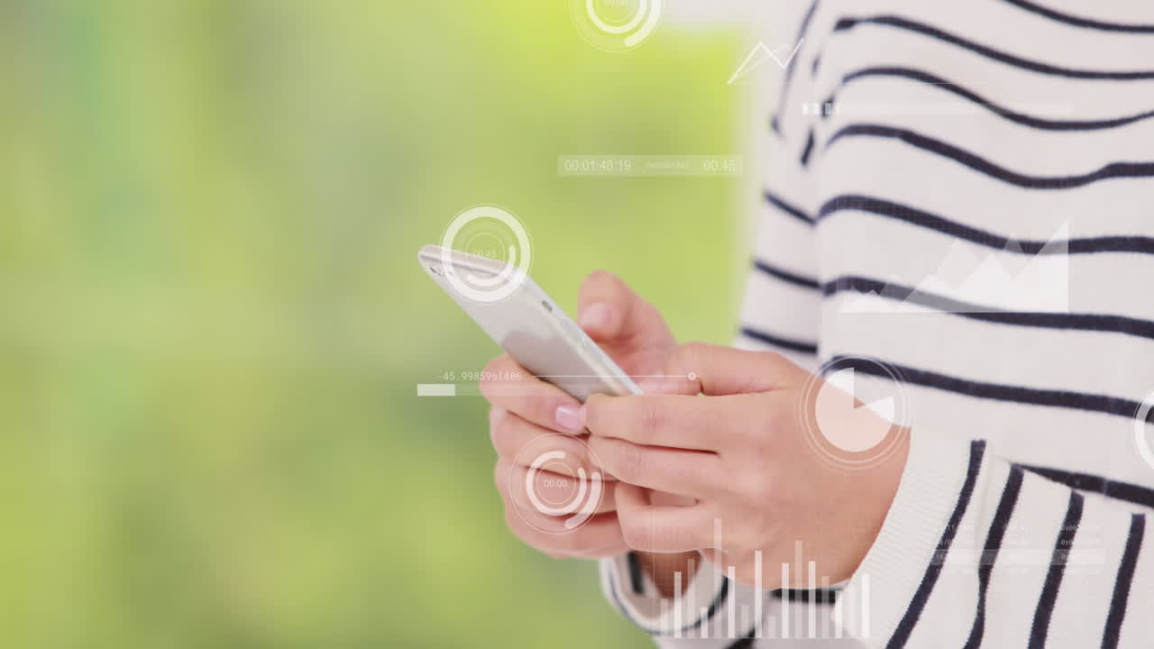 Animation of data processing over caucasian woman using smartphone