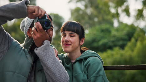 photography, travel and tourist couple in park