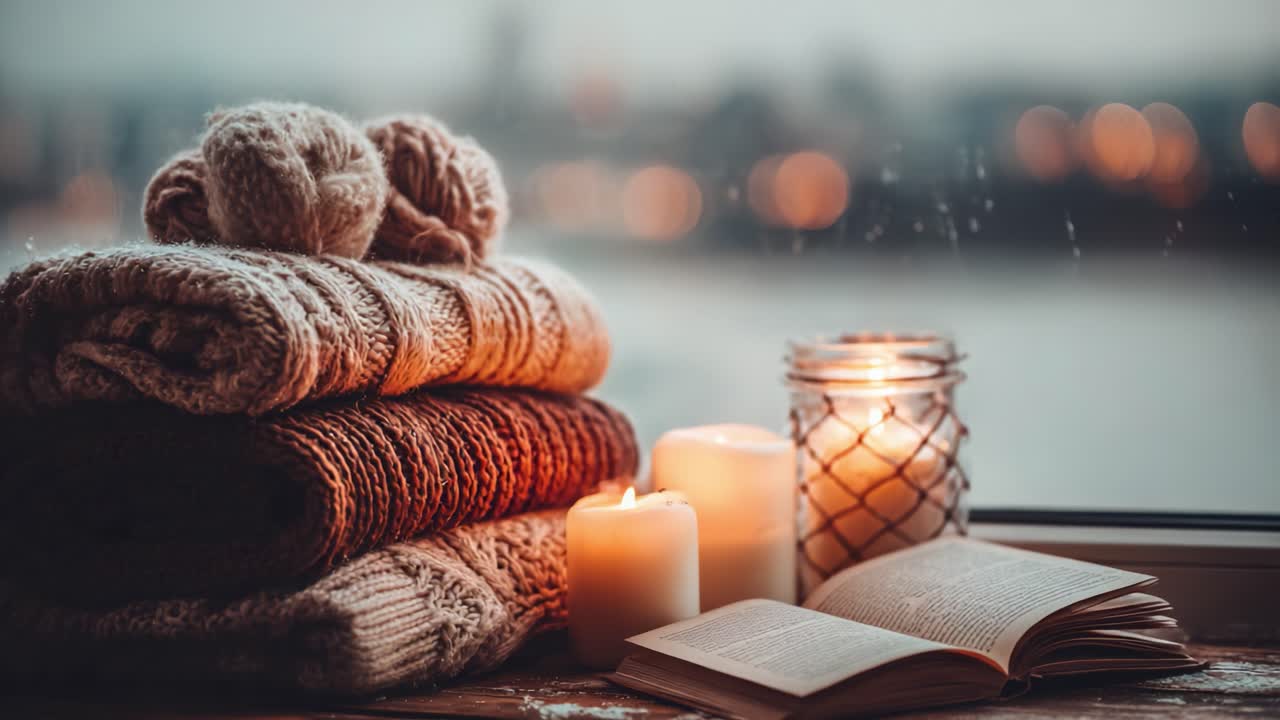 A Cozy Evening Scene Featuring Soft Knitted Sweaters, Warm Candles, and an Open Book on a Table by the Window, Perfect for a Relaxing Atmosphere