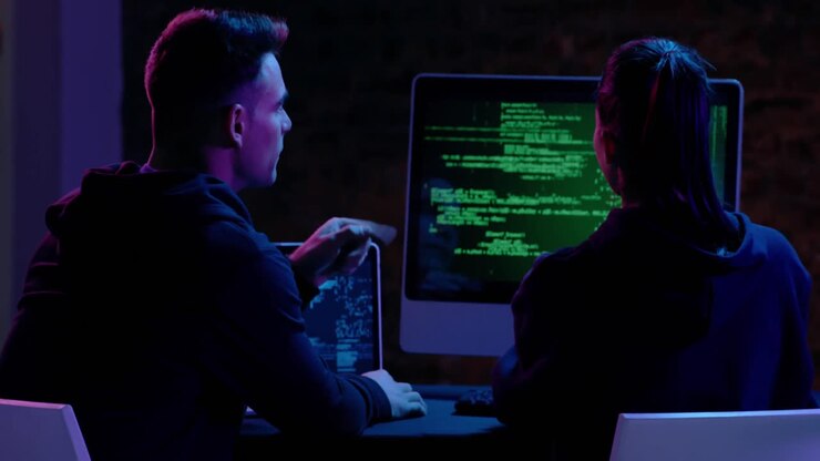 Woman and man working together at computers