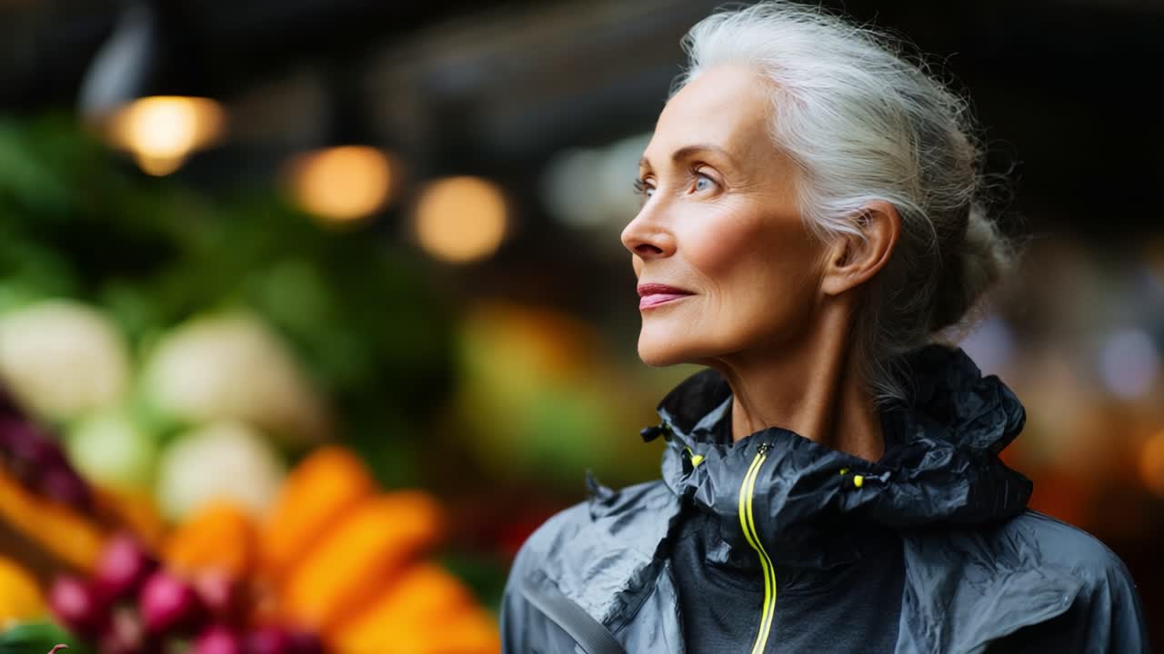 Donna elegante con capelli grigi, in giacca da pioggia, circondata da prodotti freschi e colorati al mercato, che emana sicurezza e compostezza in un ambiente naturale