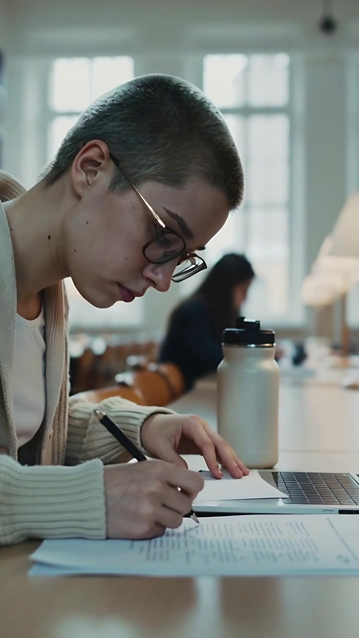 Vertikal video: Skrivende student med kortklipt hår i cardigan ved studiepult, bærbar PC dytter penn på notatblokk.