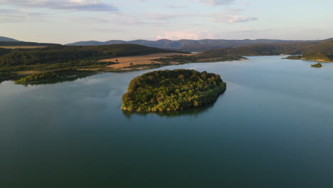 drone view on the island into a lake