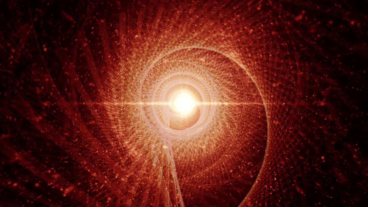 Abstract radiating neon golden wireframe vortex tunnel with optical flare light flicker and burst. 4K 3D rendering futuristic mesh tunnel vj loop. Journey through the sci-fi matrix shining rotating.