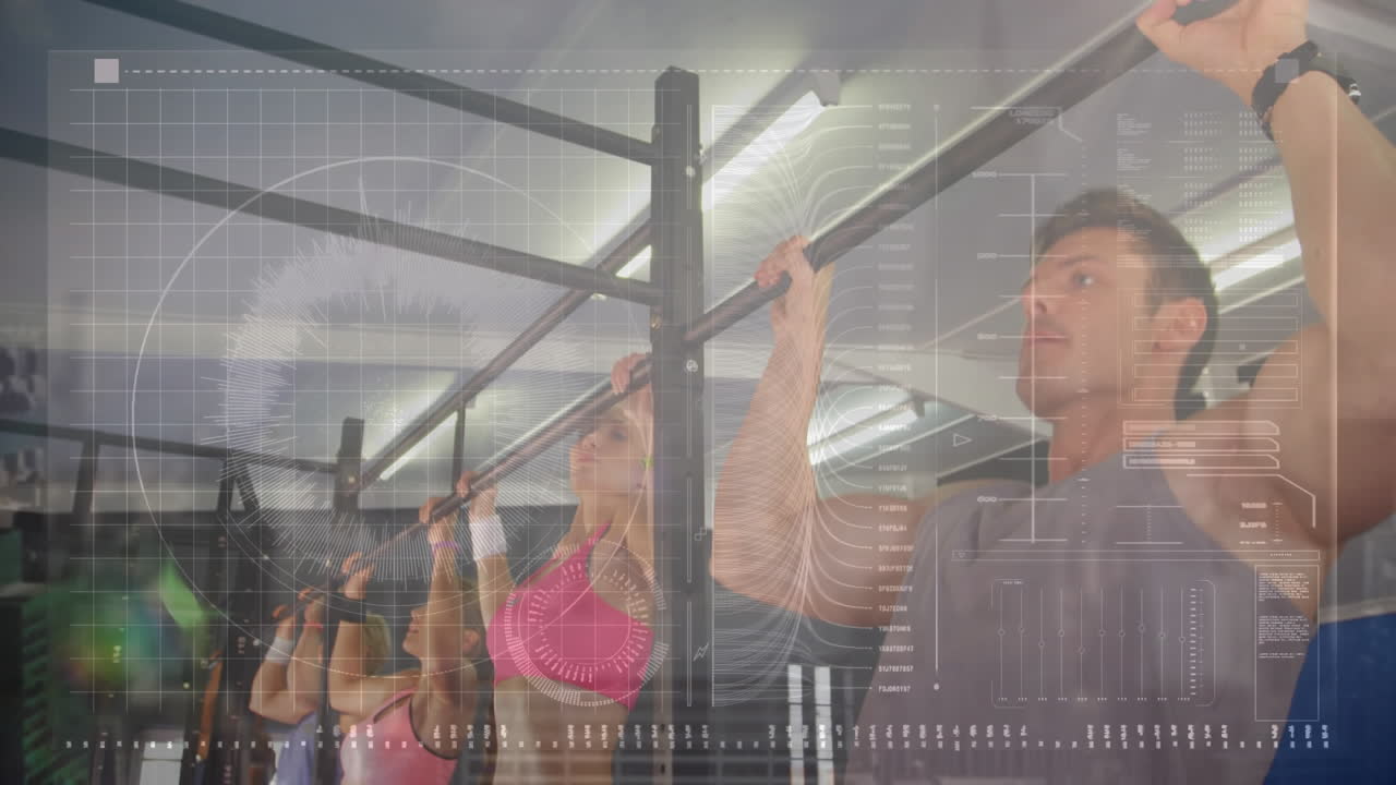 체육관에서 운동하는 남성과 여성에 대한 스 ⁇  스캐닝과 데이터 처리의 애니메이션