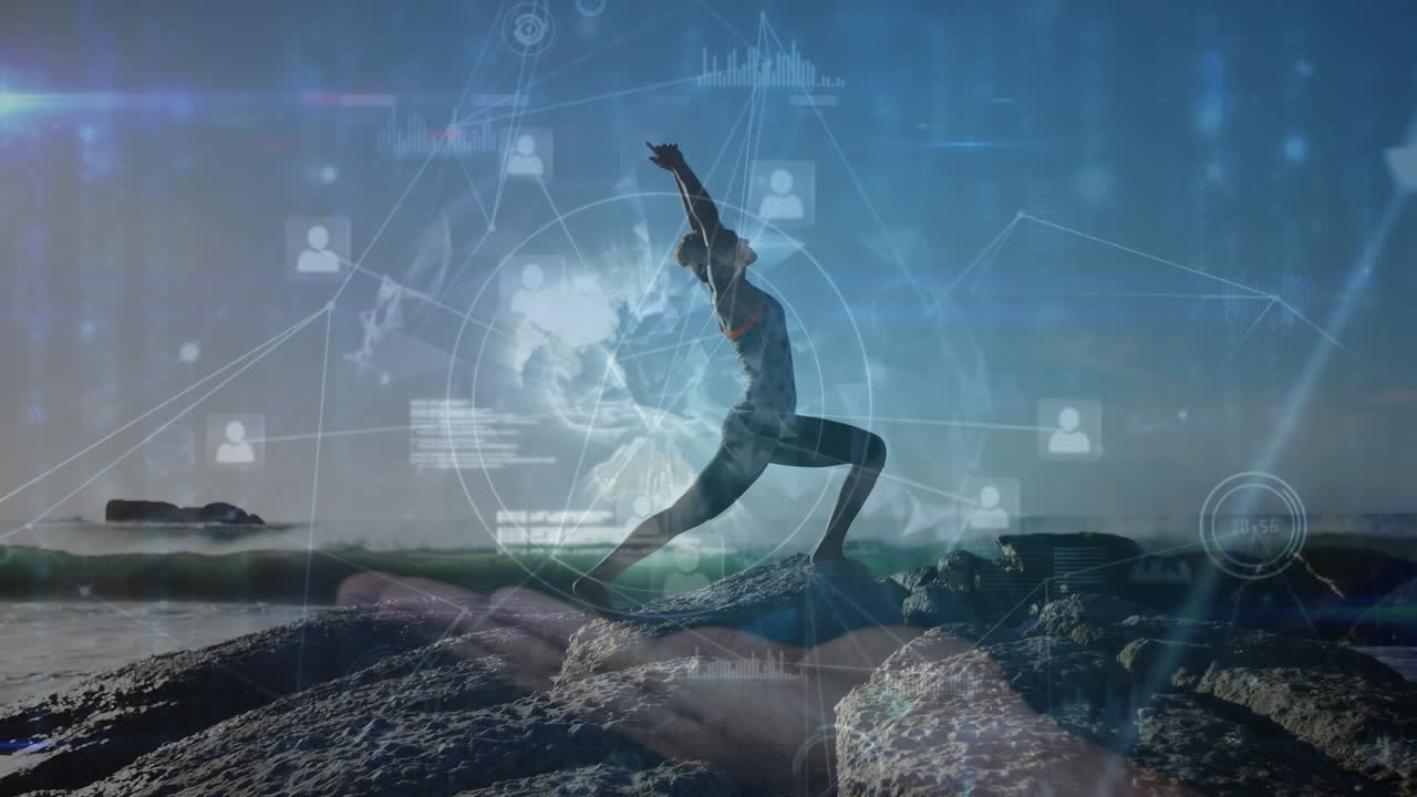 디지털 글로브와 아이콘의 애니메이션은 바위 해변에서 명상하는 여성의 선과 연결됩니다.