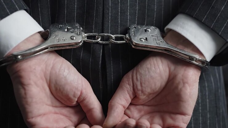 Un uomo in abito formale con le mani legate dietro la schiena da manette, che illustra temi di costrizione, giustizia e autorità in una situazione di limitazione.
