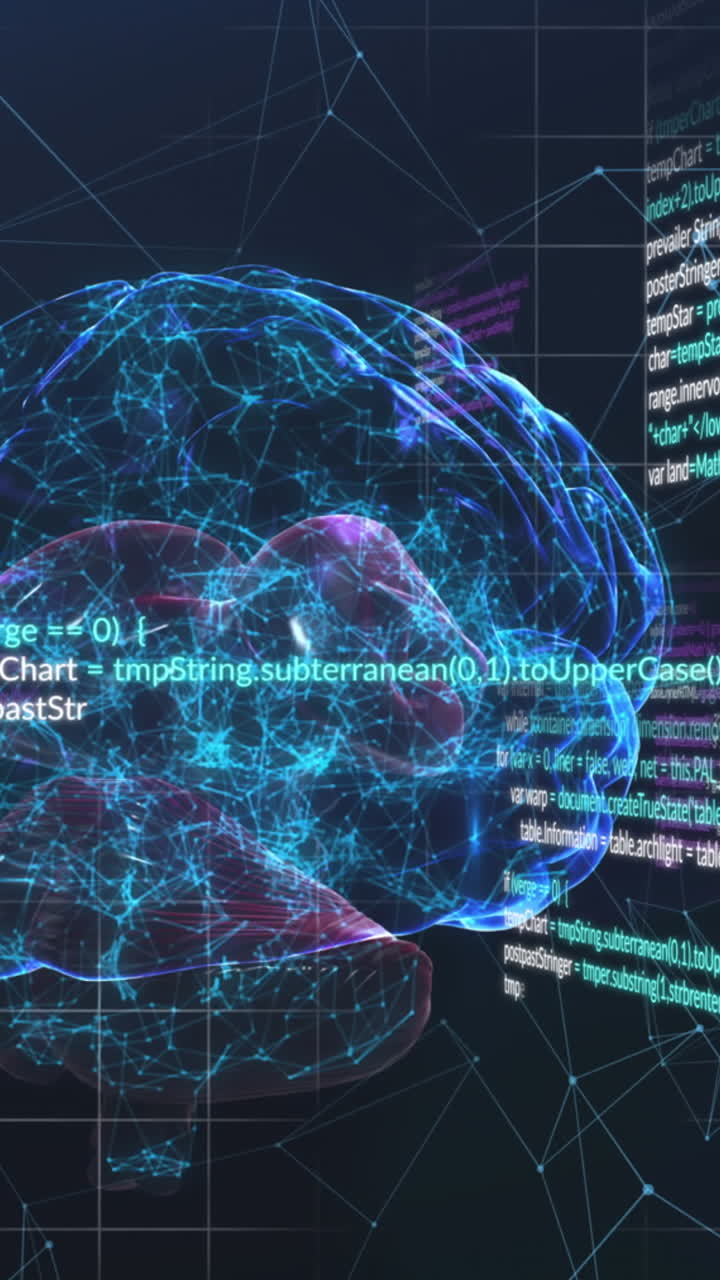 Animation of data processing and brain on black background