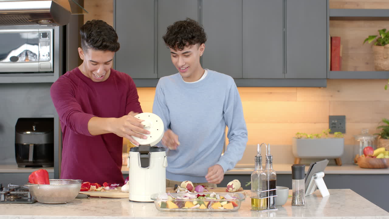 Preparing vegetables , multiracial gay couple cooking in modern kitchen, smiling, at home