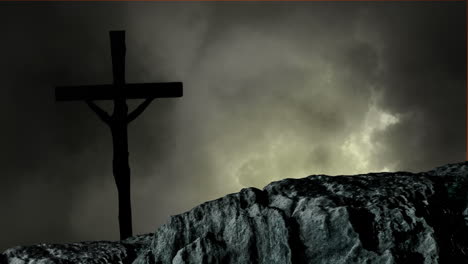 animation of silhouette of christian cross over stormy grey clouds