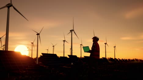 engineer working at renewable energy farm at sunset