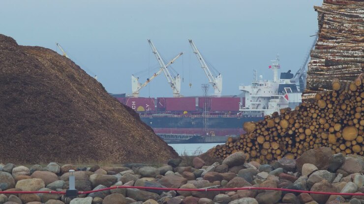 Large cargo vessel loading goods at Port of Liepaja , overcast day, piles of cut wood in foreground, distant medium shot