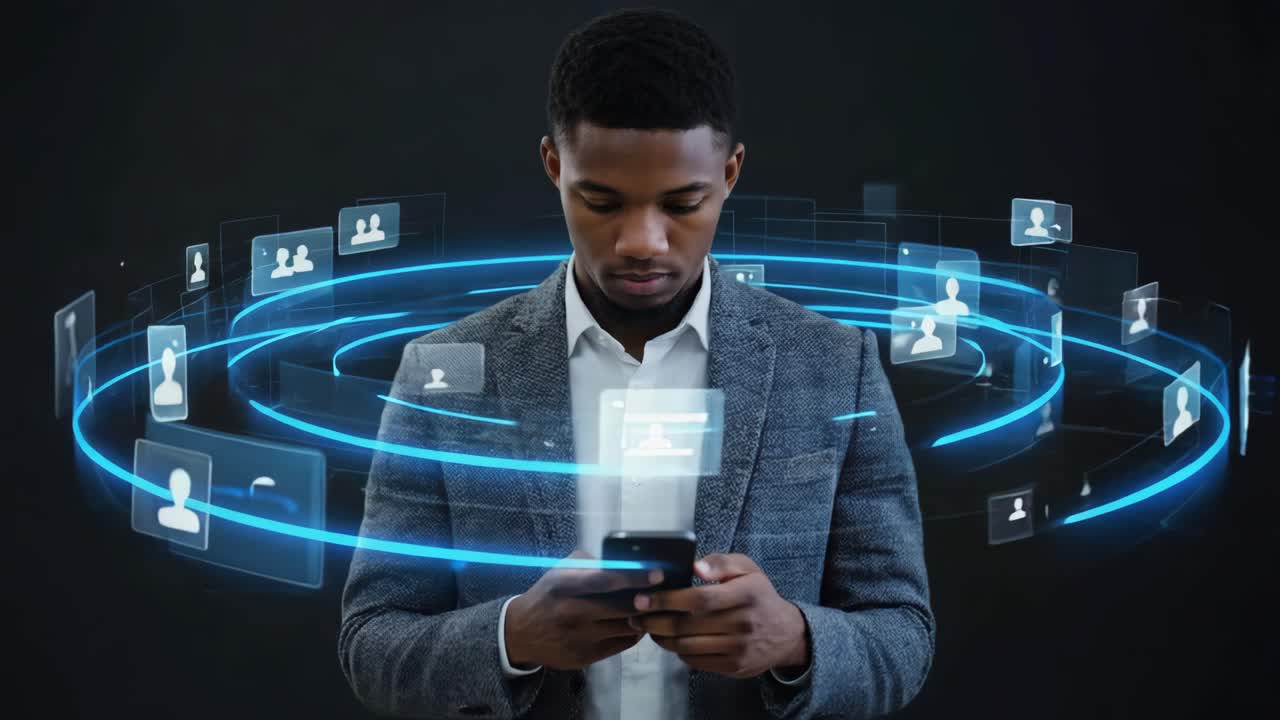 Man Interacting with a Virtual Social Network on Smartphone