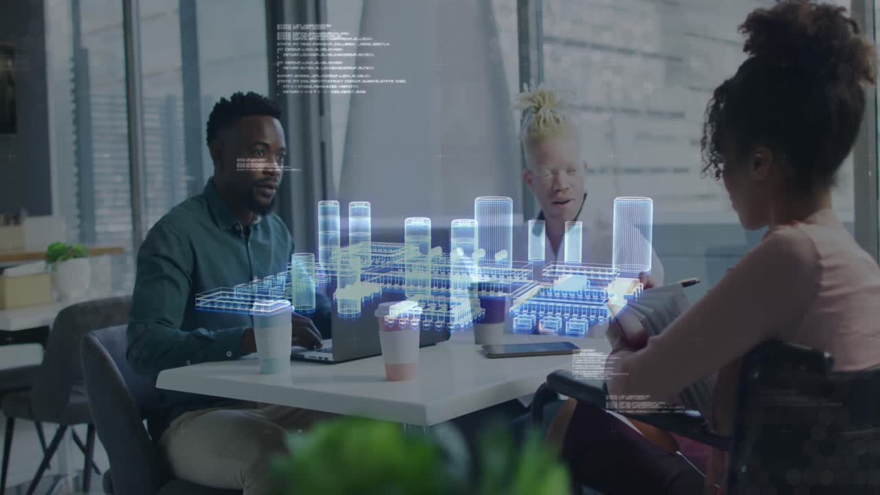 Animation of data processing and digital city over diverse business people in office