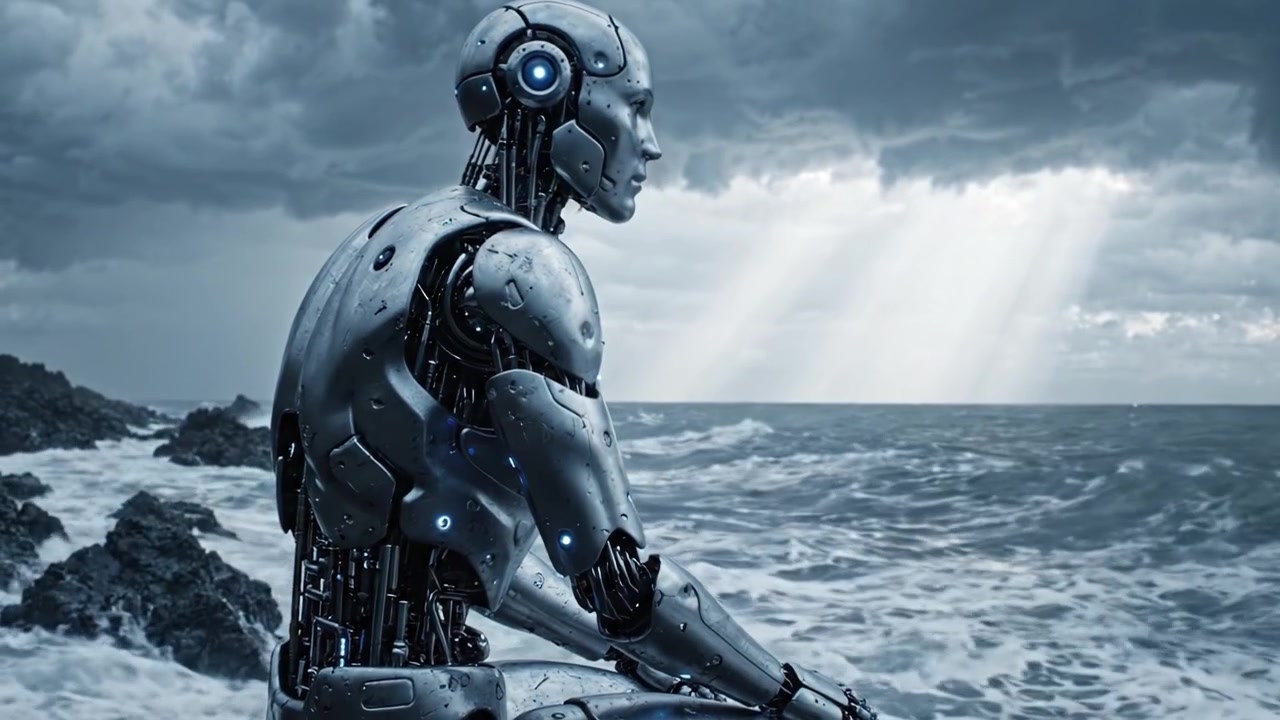 Un Robot Pensieroso Contempla i Mari in Tempesta, Seduto su Coste Rocciose Tra Onde Tumultuose e Cieli Drammatici, Evocando Temi di Tecnologia e Natura.