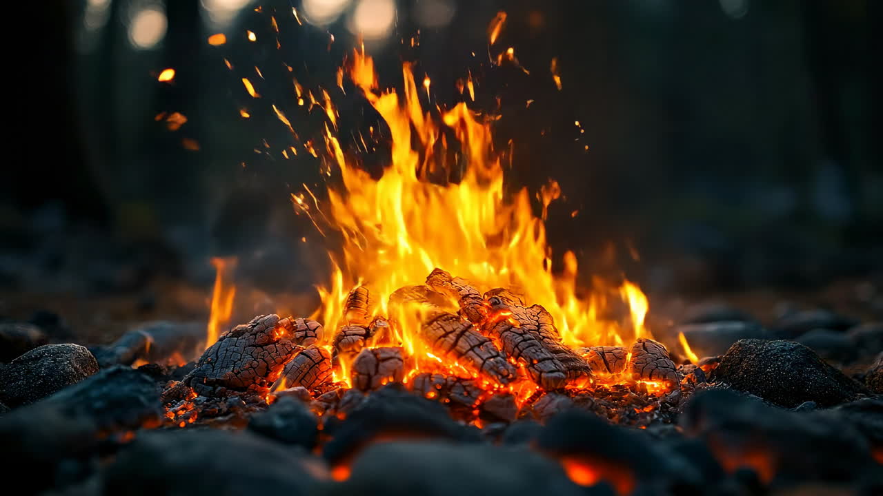 Campfire glows brightly in the forest. A warm campfire crackles among stones, illuminating the dark forest at dusk, creating a cozy atmosphere for gathering