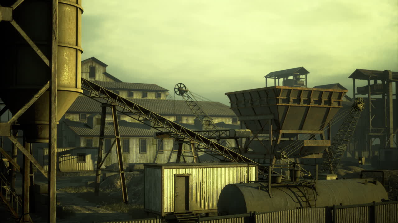 Industrial landscape at dusk showcases machinery in muted tones