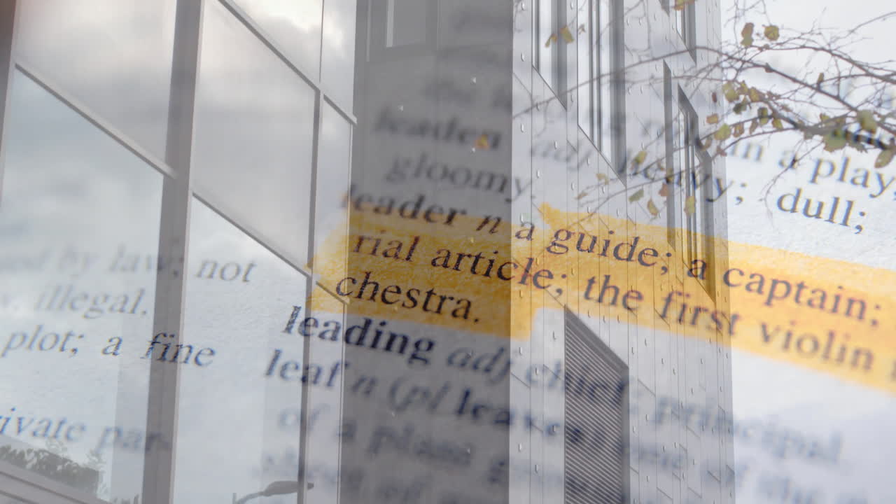 Highlighted text animation over modern building with reflective glass windows