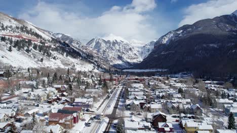 drone aerial view downtown telluride, colorado on a bright and sunny day