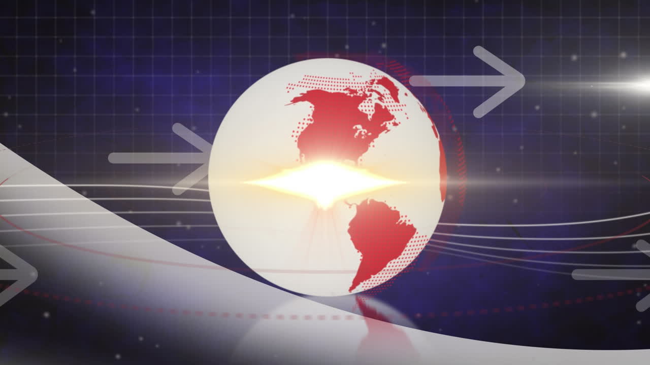 회전하는 지구 위의 빛 점의 애니메이션과 파란색 배경에 으로 움직이는 화살표 아이콘
