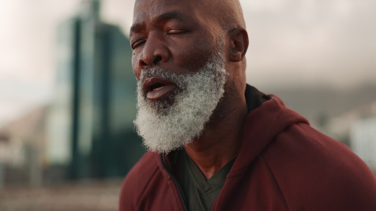 Workout, tired face mature black man relax