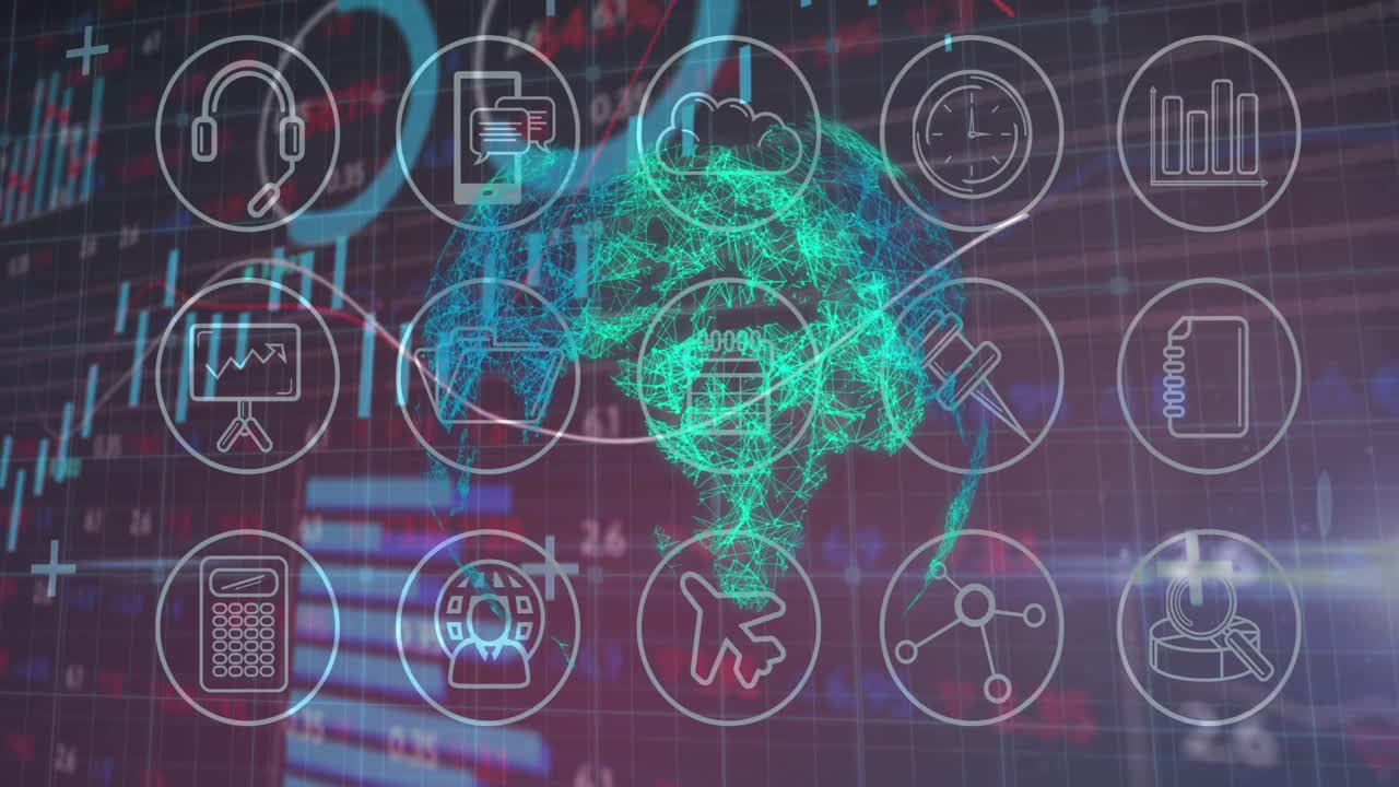 animación de un globo hecho de conexiones girando con gráficos rodando sobre iconos tecnológicos