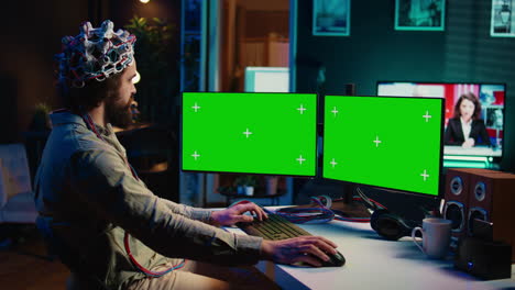 transhumanist using neuroscience to gain digital soul through chroma key pc
