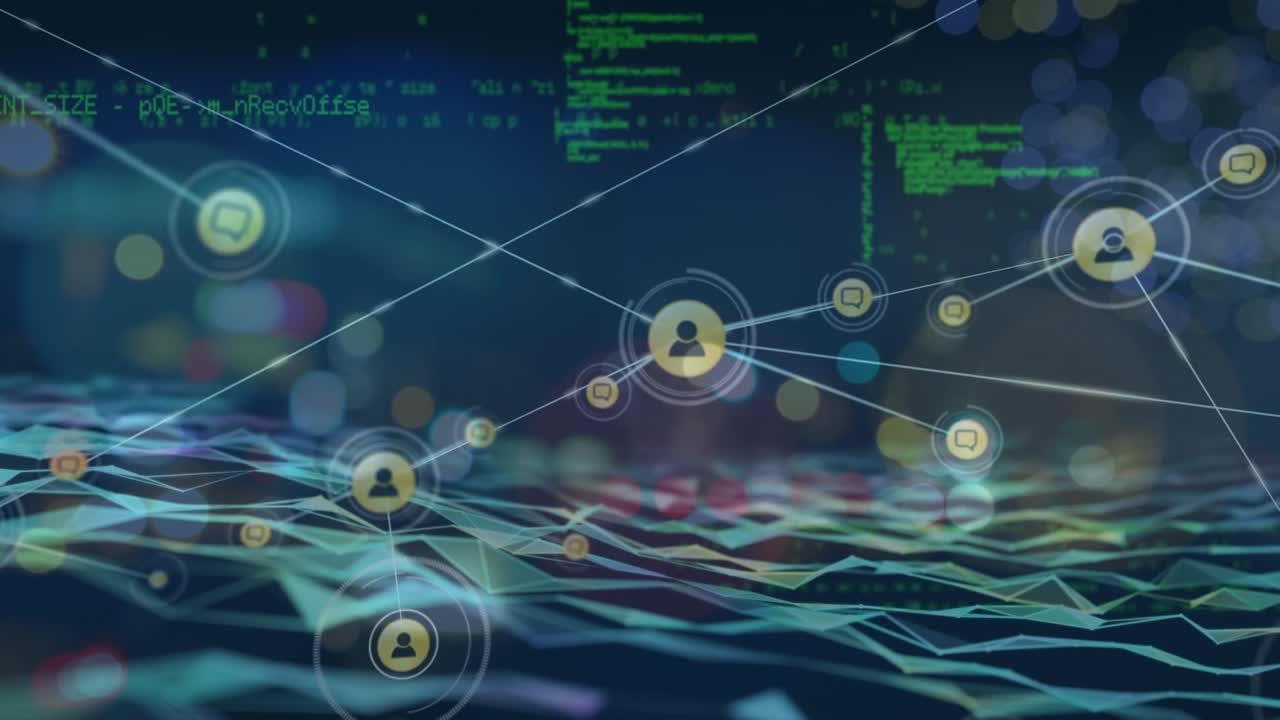 Network of profile icons and data processing against digital wave on blue background
