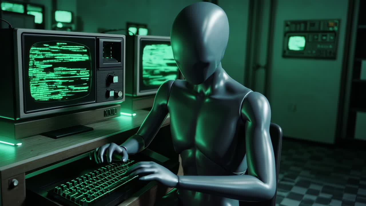 Robot Programmer in Retro Computer Room