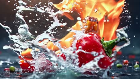 un chile rojo caliente en el fuego con gotas de agua en él