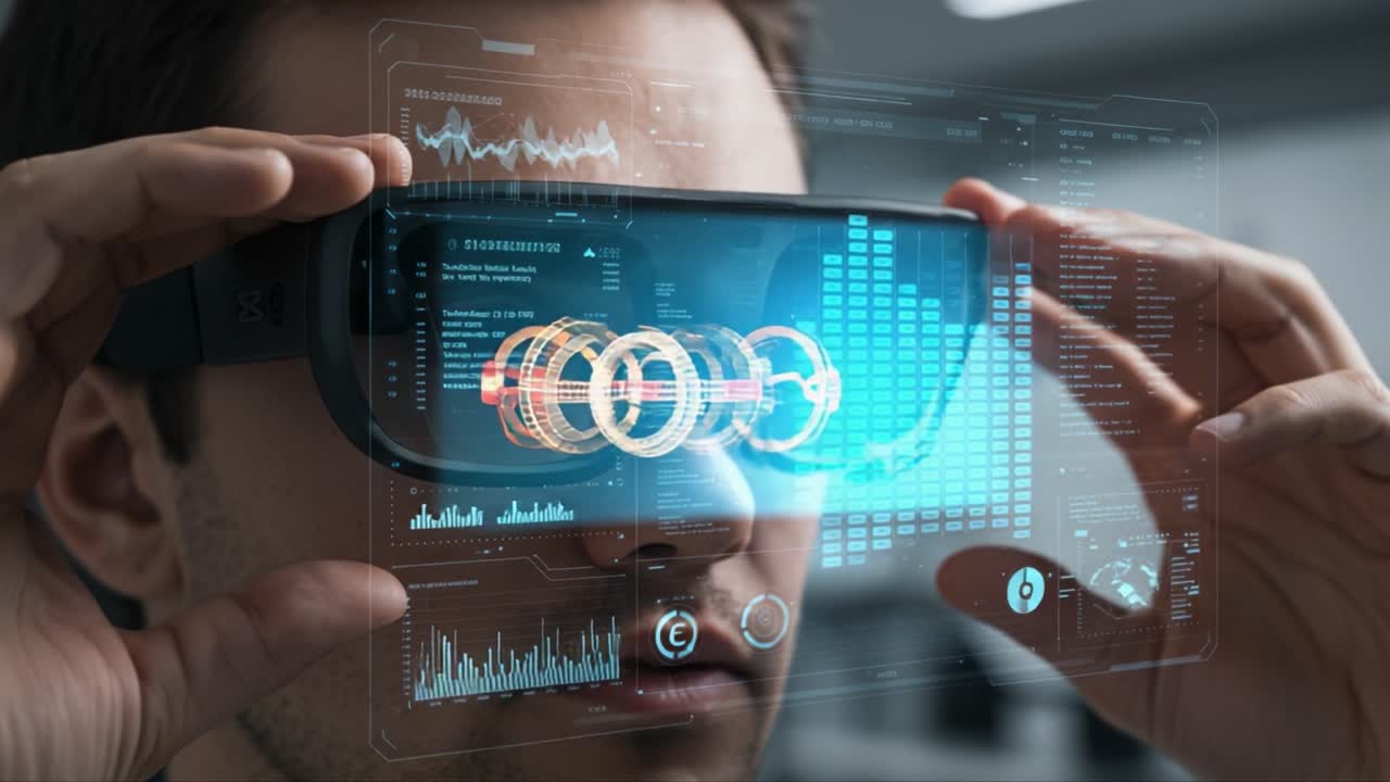 A Futuristic User Engages with Augmented Reality Technology, Analyzing Data Through Innovative Smart Glasses with Advanced Visual Interfaces and Graphical Displays