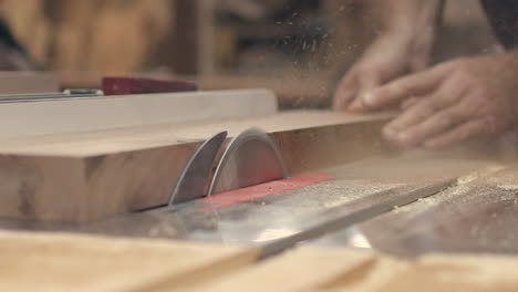 a piece of wood is cut on a buzz saw by a carpenter, slow motion low angle close up