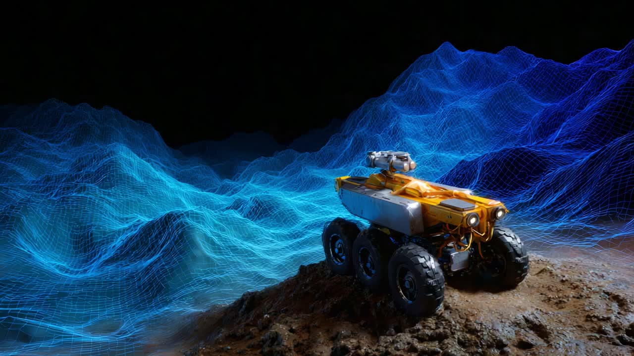 Esploratore robotico che naviga in un ambiente digitale con onde vivaci e un design futuristico, mostrando tecnologia avanzata e innovazione nella robotica e nell'esplorazione