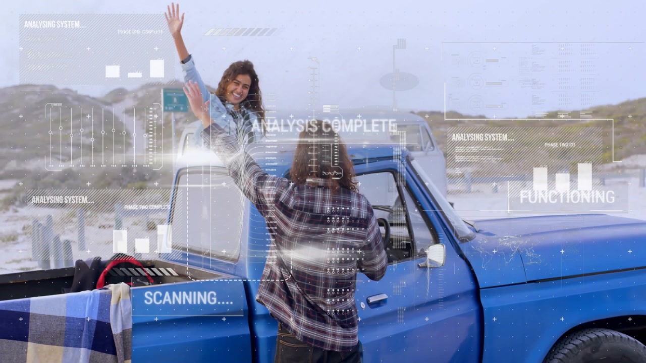 Couple high-fiving by blue pickup on shore, initiating AR scanning and displaying analysis complete