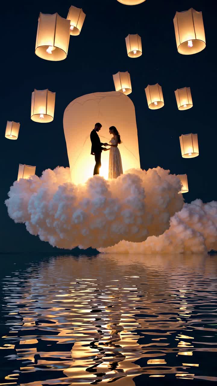 A surreal video scene with a couple on a cloud surrounded by lanterns, shot from a low angle