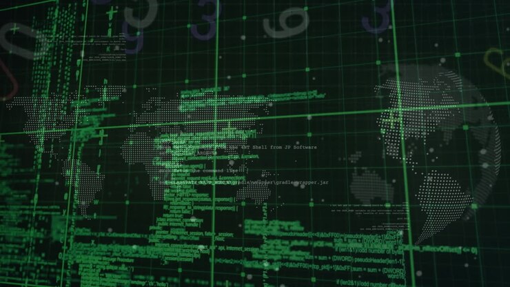 Animazione di globo con mappa del mondo ed elaborazione dati su sfondo nero