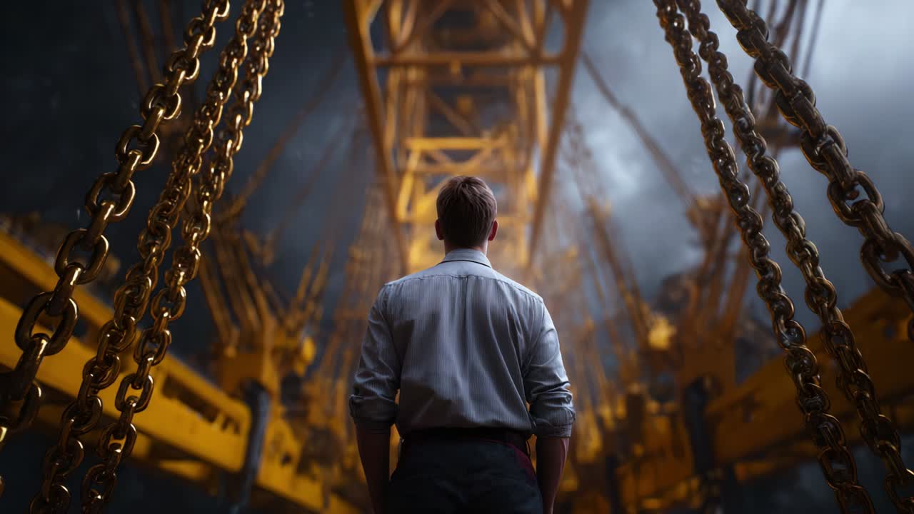 A Solitary Figure Stands in Awe Before Massive Yellow Construction Machinery, Surrounded by Intricate Chains, Evoking a Sense of Wonder and Reflection Amidst the Industrial Landscape