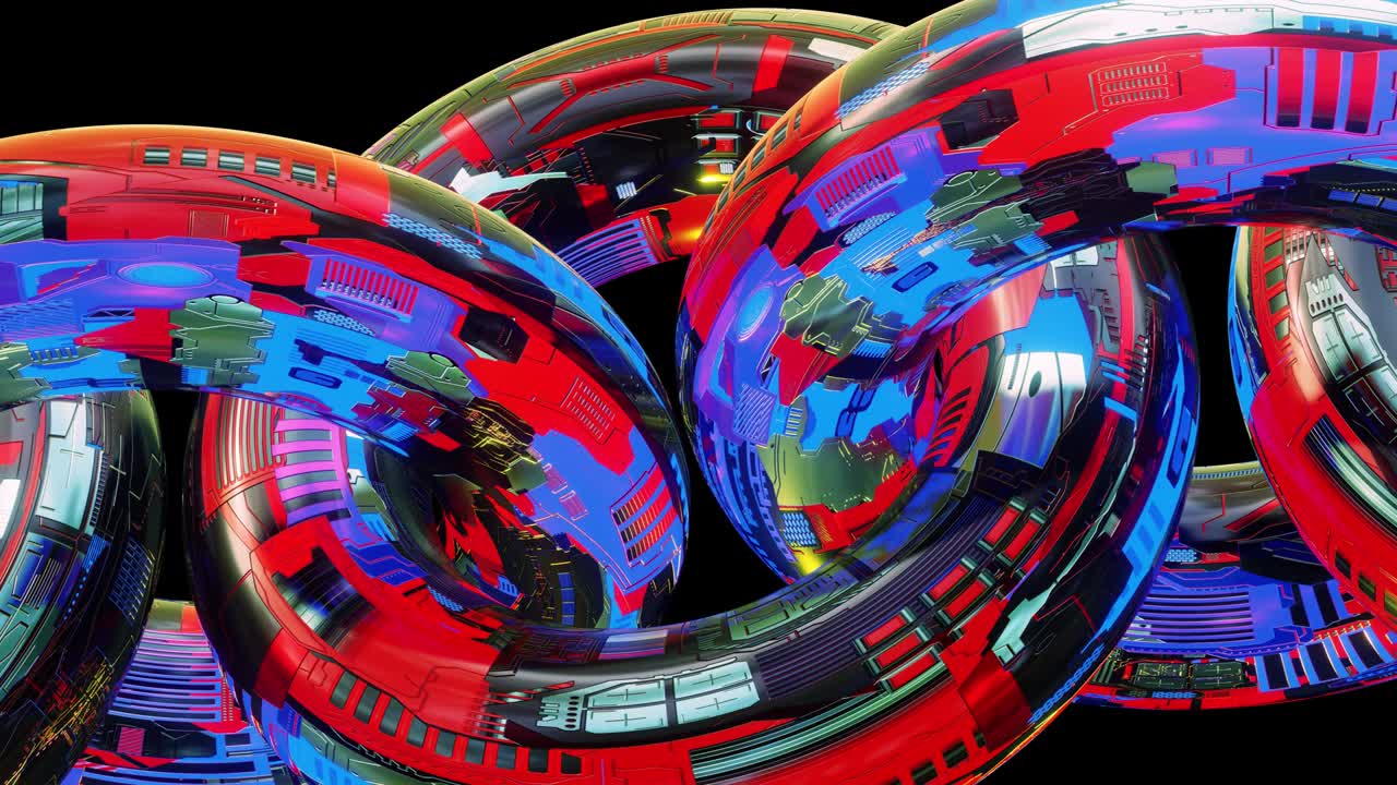 Sci-fi scene med rotation af krydsende tori forbundet i en kæde. VJ Loop-animation i rummet