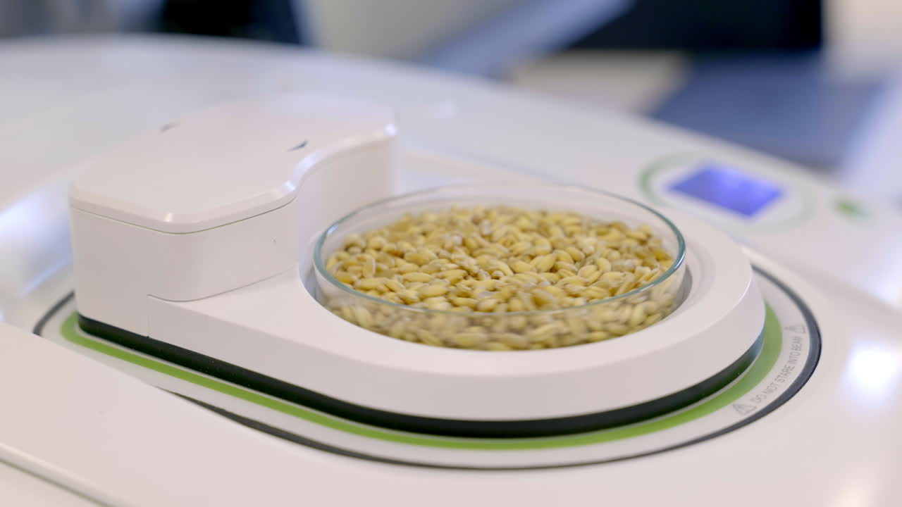 equipo científico que muestra muestras en un plato, colocado contra un limpio y moderno