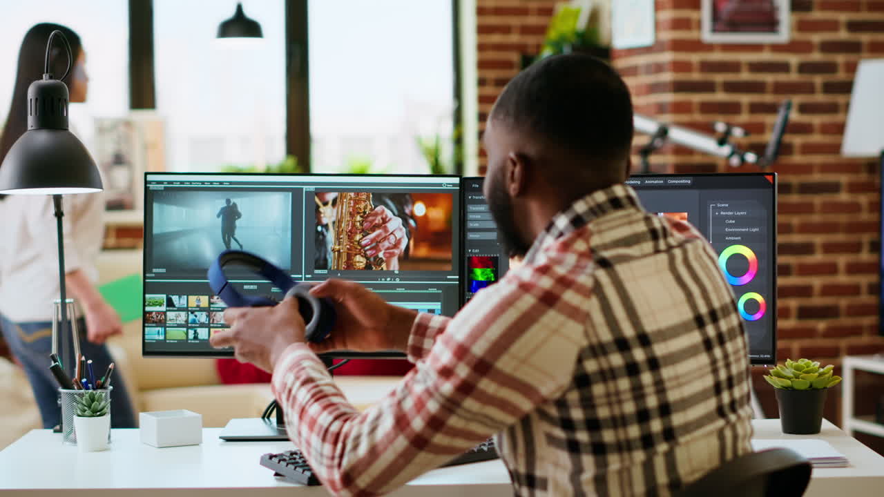 African american filmmaker man works on a professional video shoot