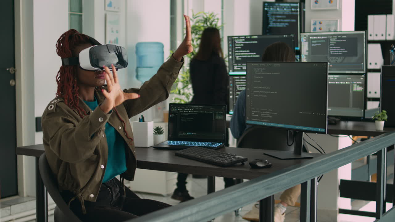 African american programmer working with vr glasses