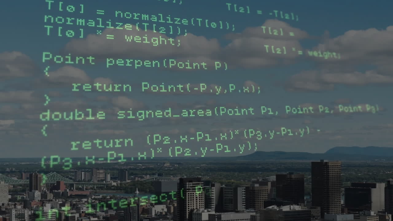 Computer code animation over cityscape with buildings and cloudy sky