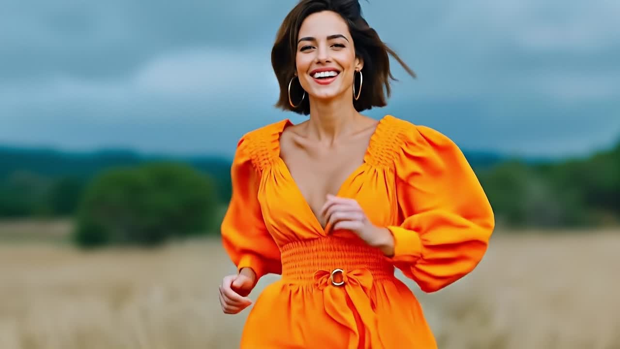 A woman in an orange dress running through a field