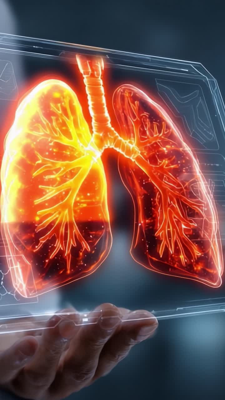 Una visualizzazione avanzata dei polmoni umani in una rappresentazione dettagliata e radiosa, che evidenzia l'intricata rete di passaggi aerei e strutture vascolari in un diagramma luminoso.