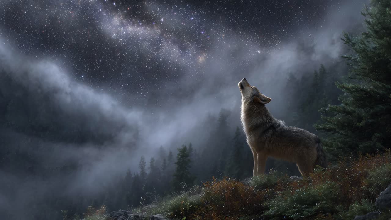 A Majestic Coyote Howls at the Starry Night Sky, Surrounded by Mystical Forests and Ethereal Mist, Capturing the Beauty of Nature's Serenity and Wilderness