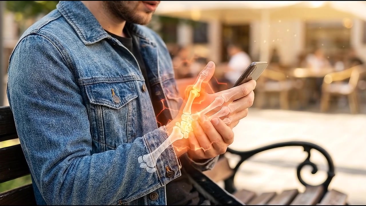 Uomo che usa lo smartphone con sovrapposizione animata dell'anatomia della mano.
