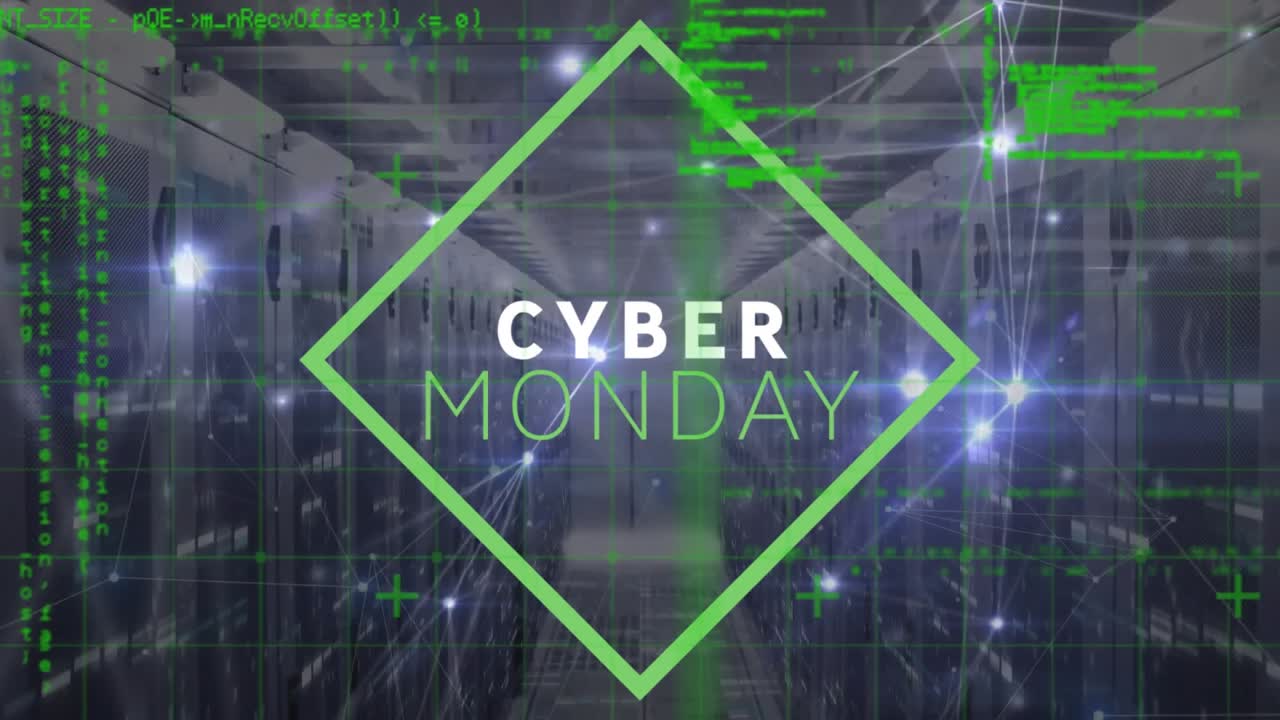Quadrado verde fino deslizando para o centro, formando um diamante, com texto surgindo gradualmente, promovendo a liquidação da Cyber Monday