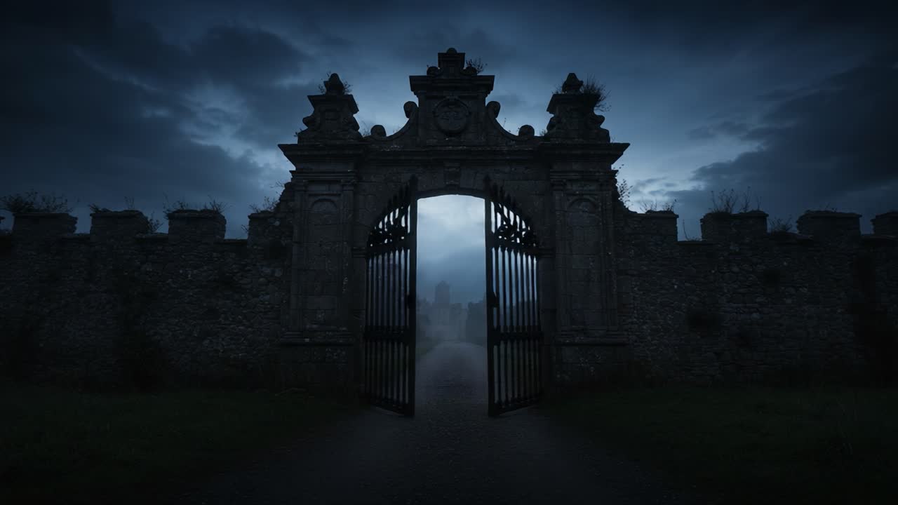 Mysterious Ancient Gateway Emerging From Shadows: An Enigmatic Entrance to an Abandoned Pathway Surrounded by Overgrown Stone Walls Under a Gloomy Sky