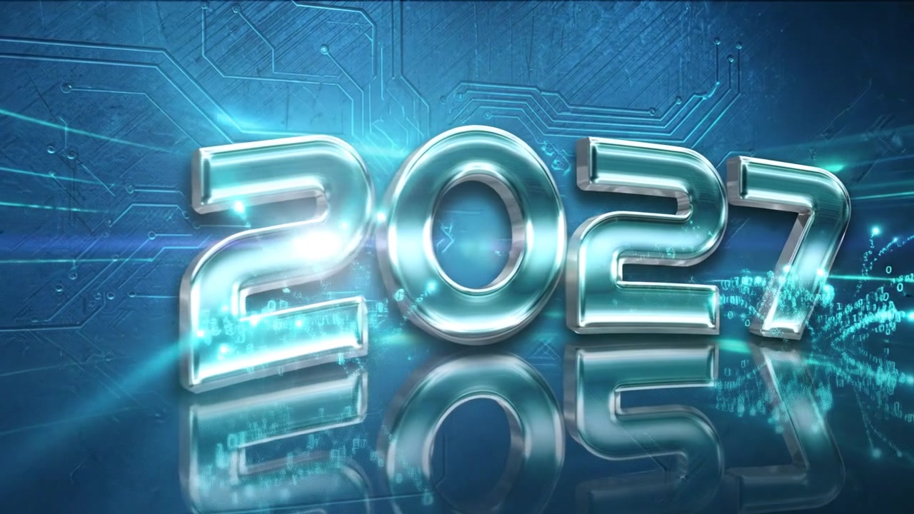 Animazione stilizzata del numero 2027 per il nuovo anno con scritte a strisce ciano, grafica in movimento.